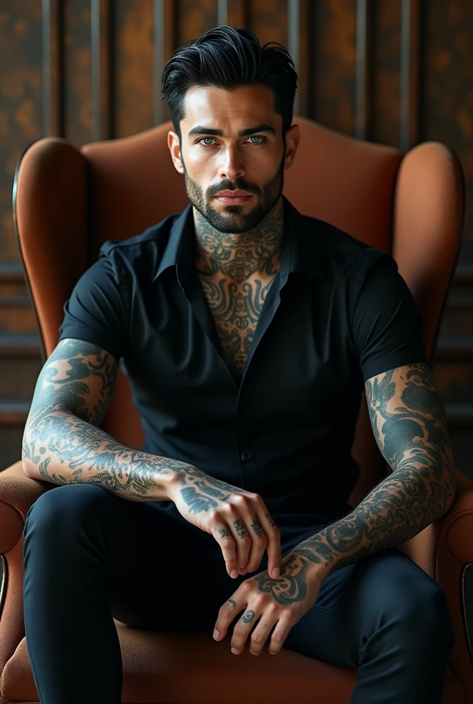 Tattooed dark-haired man with a muscular body and a huge penis sensually posing on the sofa