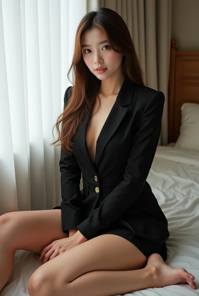 tmasterpiece，Highest image quality，super detailing，Enchanted smile，amazing face and eyes, Cosmetics for a refined and beautiful face, (The best look), deep understanding，Naked breasts are of the best quality:1.4), (ultra - detailed), (Extremely detailed CG-8k wallpaper), The content  very detailed, RAW photos, professional photoshooting, ((buisness suit)),Indoor and below, (Office room, Dark Office, rays of moonlight), (nigh sky), depth of fields,face flushed，raised eyebrow，Very shy，Blonde female secretary，looking at viewert，Dreamcatcher earrings，epic，concept-art，upturned，Beautiful and beautiful，
