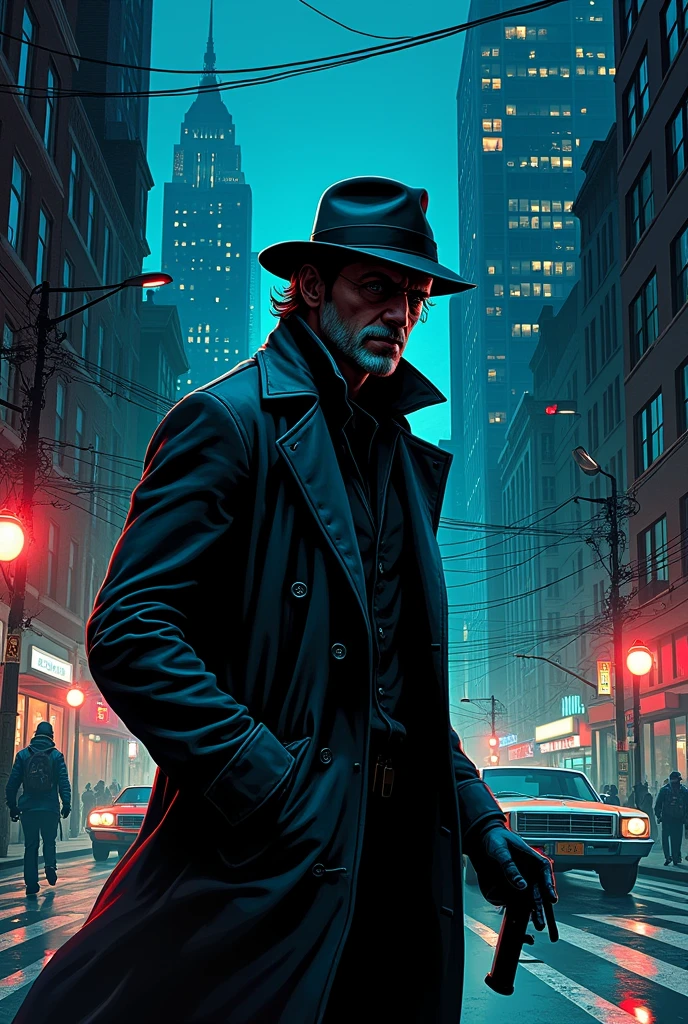 Man in a big coat smoking a cigarette standing in front of a hospital. Night, terror, dark.