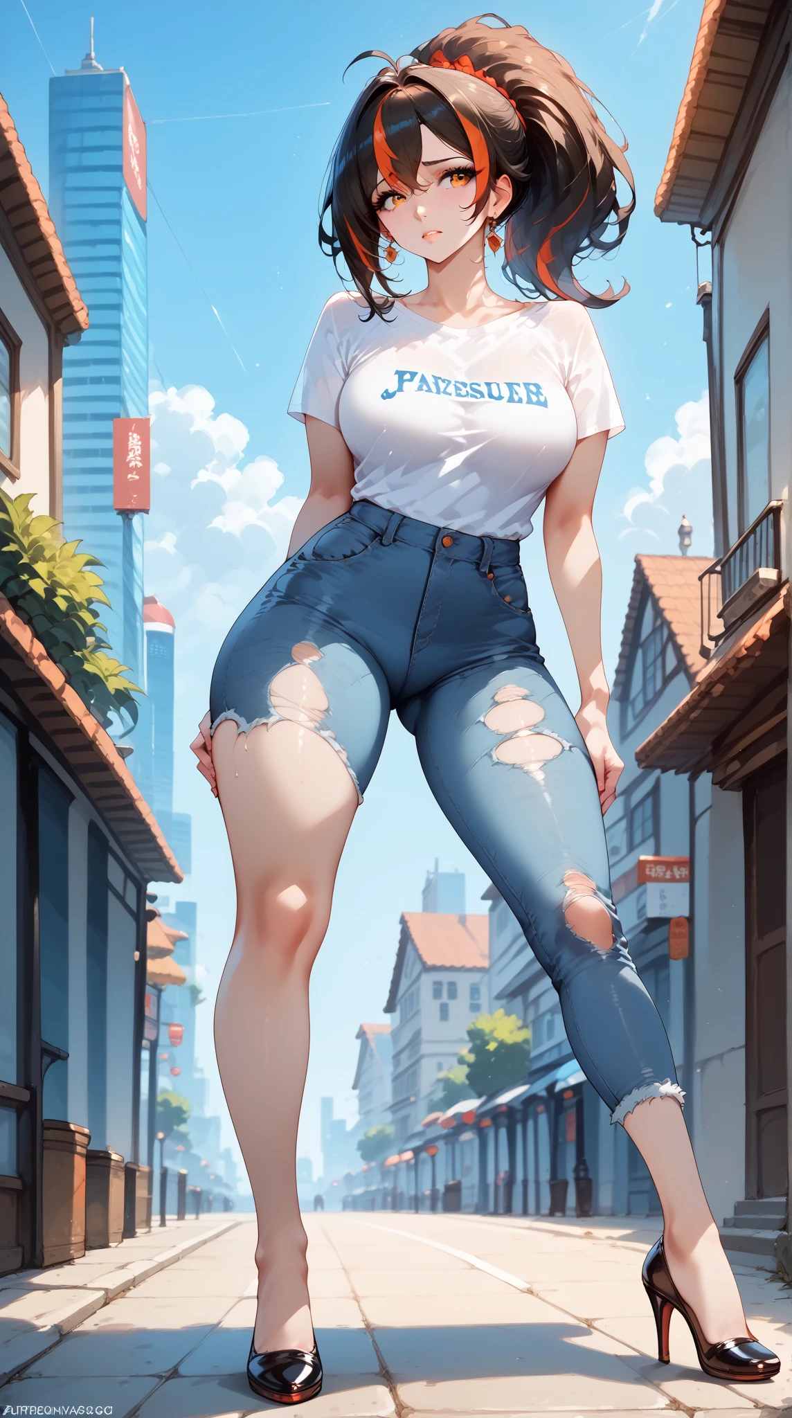 Masterpiece, extremely detailed, high quality,4k,solo,1girl,fullbody,((tall and slim body)),zhuyuan,large breasts, long legs,ponytail streaked hair,beauty eyes,((worried)),arms behind back,looking at viewers,white tshirt,ripped  jeans,high heels,front look, foward facing pose