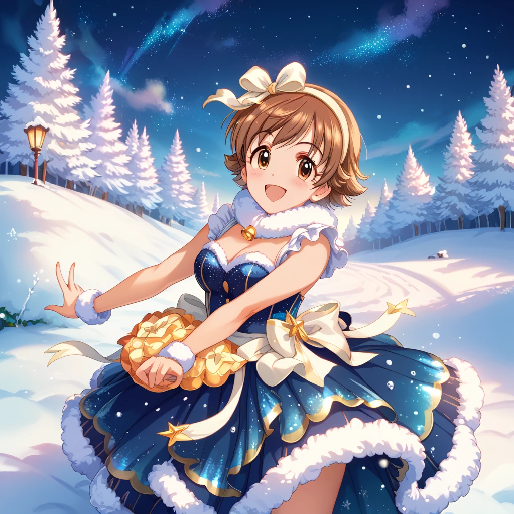 A lively and cheerful young woman, Honda Mio, stands under a breathtaking winter sky, her arms spread wide as she gazes upward at the twinkling stars. Her brown short hair is gently tousled by a soft winter breeze, and her expression is one of pure wonder and joy. She wears a warm, cozy stage dress and the snow-covered ground around her is bathed in the soft glow of the starry night. The air is crisp, and the vastness of the clear, starry sky stretches endlessly above her, creating a serene yet exhilarating contrast with her vibrant, energetic presence. The scene is filled with a sense of awe and peace, as the stars shine brightly in the cold, winter night.
