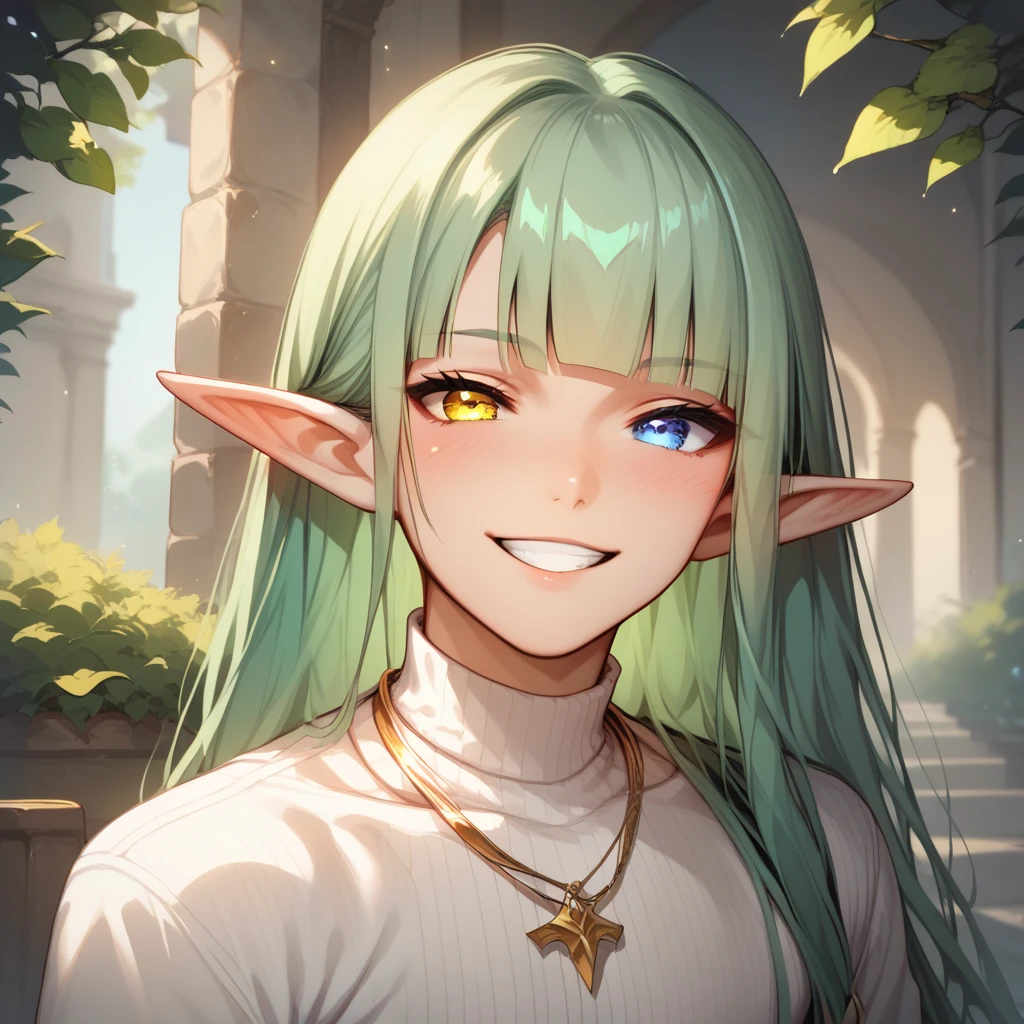 1boy, Solo, Looking At Viewer, Long Pointy Ears, Elf Ears, Long Hair, Hime Cut, Green Hair, Heterochromia, Gold Eye, Pale Blue Eye, Petite, Smile, Blush, Green trutleneck crop top, jeans, Golden Necklaces, Rings, College