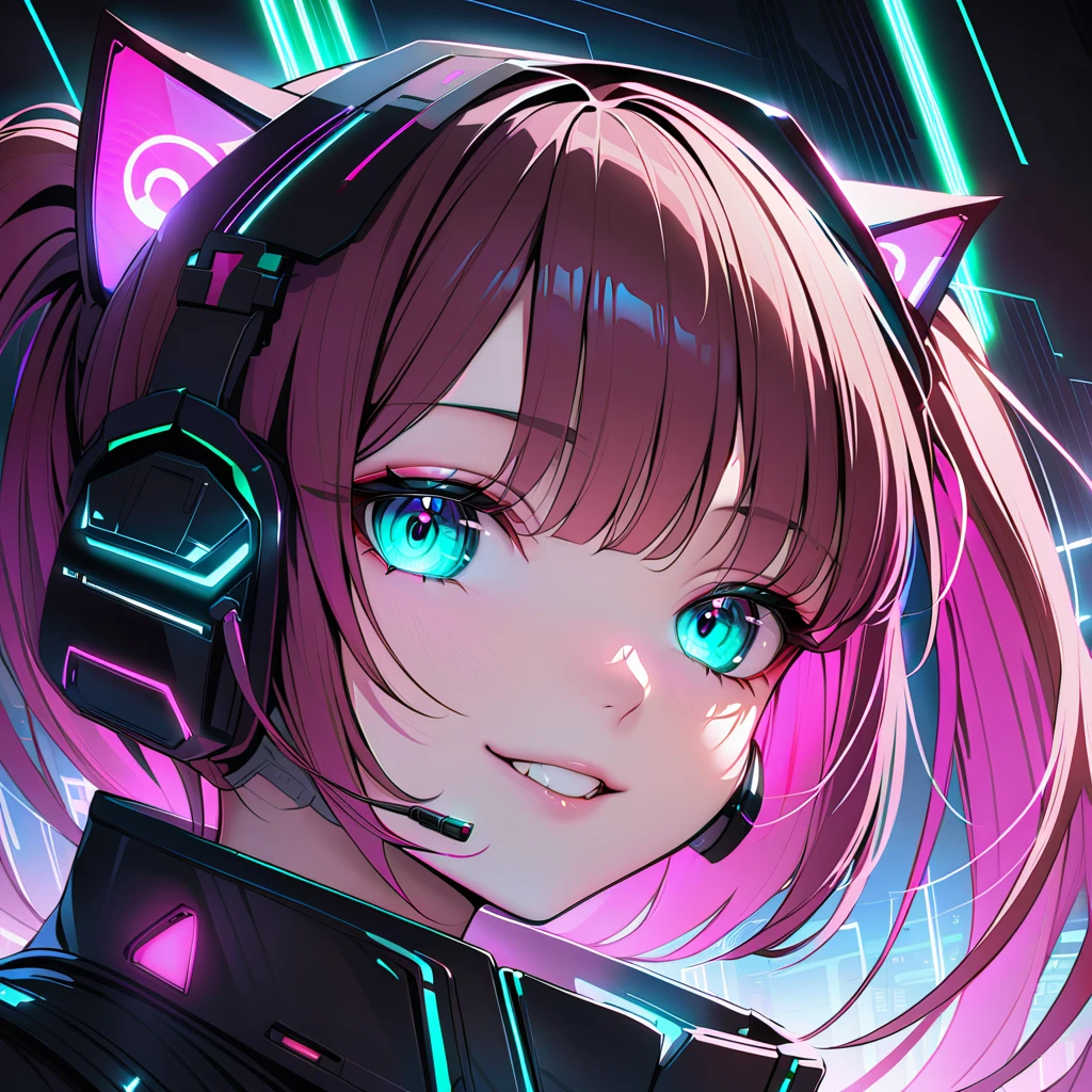 FHD, Full-HD, 4K, 8K, 16K, highres, absurdres,(masterpiece), best quality, expressive eyes, perfect face,cyberpunk,1 android girl,solo,yo,ultra-detailed face,ultra-detailed eyes,brown eyes,long hair,straight hair,red hair,cat ear headphones,(cyberpunk,lolita fashion:1.2),thigh high boots,fullbody,Dynamic Pose,grin,chestnut mouth,Green neon lights,through from Electronic Billboard,in the air