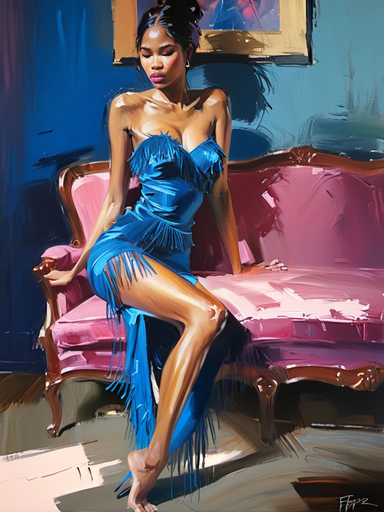 Very authentic painting by (Fabian Perez:1.3) , (Henry Asencio:1.2), (Alessandro Barbucci:1.1) Create an artwork  featuring a beautiful xnaked mulatto woman ,  A stylish model poses elegantly in a vibrant blue fringe dress, showcasing a blend of glamour and sophistication. The setting features rich, warm colors with a cozy, intimate atmosphere created by plush pink seating and lush greenery. Capture the essence of vintage chic, emphasizing the interplay of light and shadows, as well as the model's confident demeanor and intricate accessories that highlight her poised elegance... on dark background, light leaks, The painting is done with loose brushstrokes and vibrant rich imperial colors. The overall mood of the painting is provocative, sensual and intimate, confident posture, (a gap between the legs through which light penetrates)