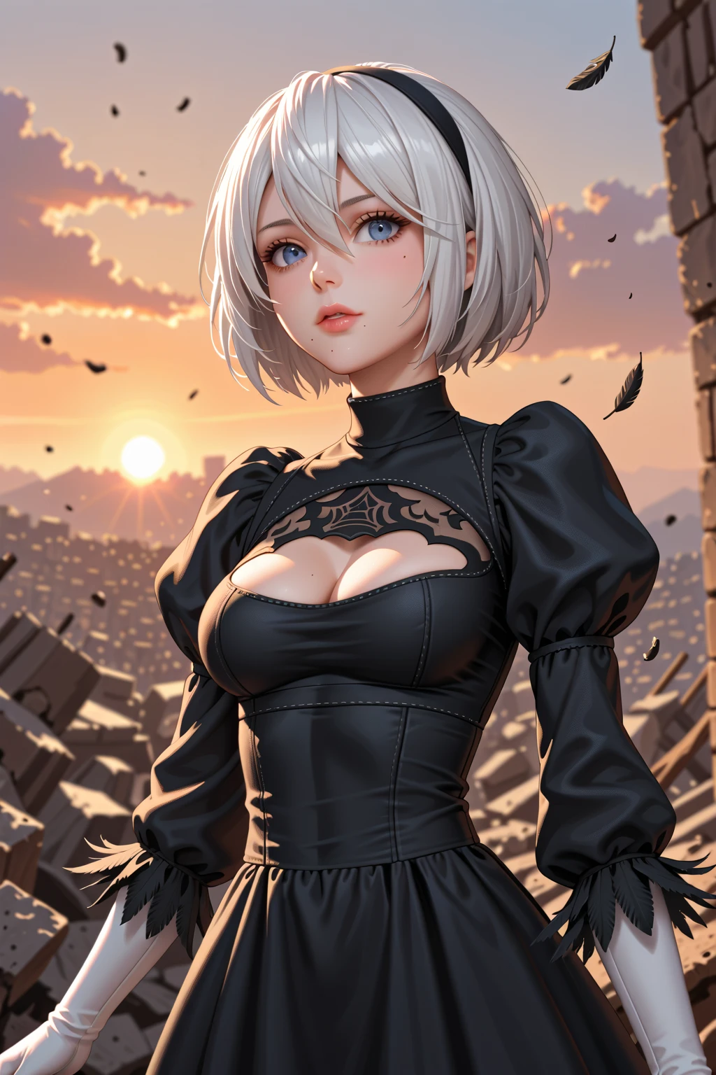 score_9, score_8_up, score_7_up, Anime Style, Portrait, yorha no. 2 type b, short white hair, black dress, hairband, clothing cutout, cleavage cutout, puffy sleeves, black hairband, feather-trimmed sleeves, juliet sleeves, mole under mouth, sunset, rubble in the background, depth of field, dynamic angle, fashion photography, sharp, (hyperdetailed:1.15)