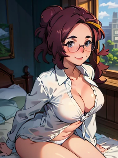 grace_(pokemon), mature woman, (1girl, solo:1.2), (masterpiece:1.0), (high resolution), medium breasts, no bra, sagging breasts, open dress shirt,  shirt open, glasses, lying on bed, bare legs, open window background, undressing, taking her clothes off, white panties, cleavage, heavy blush, eye wrinkle, smile, looking at viewer, sexual invitation 