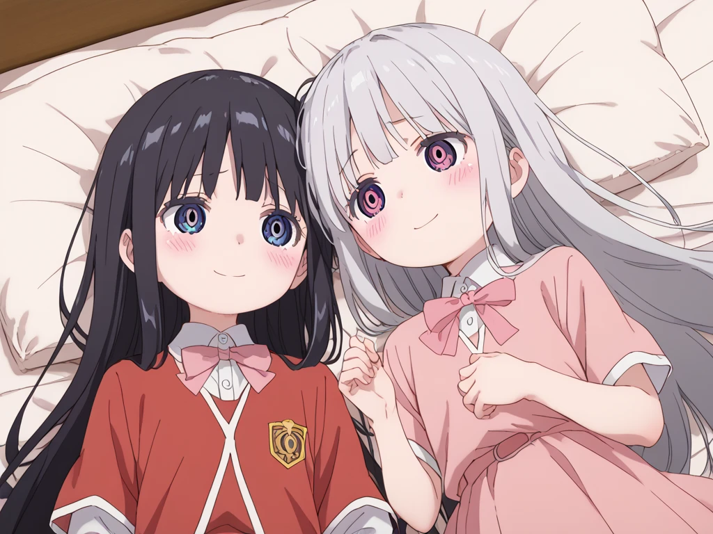 2girls, lie on back, on bed, from above
BREAK
カンナカムイ,silver hair, long hair,  pink dress, smile, happy
BREAK
化野乙,black hair, long hair,  school uniform, shy, blush