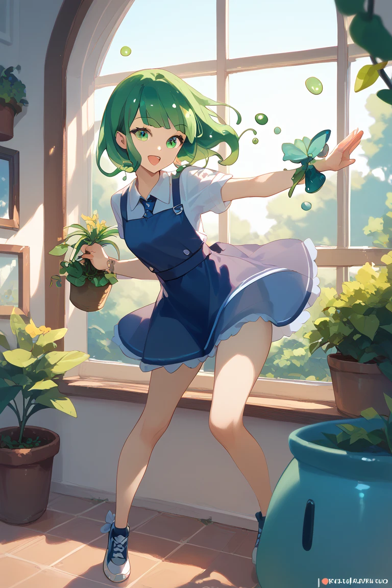 , Cute slime girl watering the garden, window, window,dynamic pose
