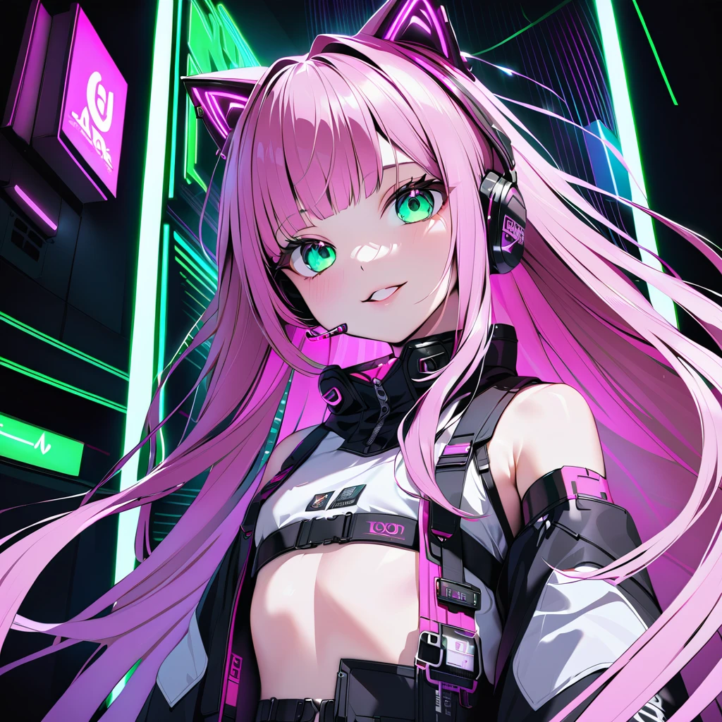 FHD, Full-HD, 4K, 8K, 16K, highres, absurdres,(masterpiece), best quality,1 android girl,solo,14yo,expressive eyes, perfect face,cyberpunk,brown eyes,long hair,straight hair,pink hair,cat ear headphones,(cyberpunk,lolita fashion:1.2),thigh high boots,fullbody,Dynamic Pose,grin,chestnut mouth,Green neon lights,through from Electronic Billboard,in the air