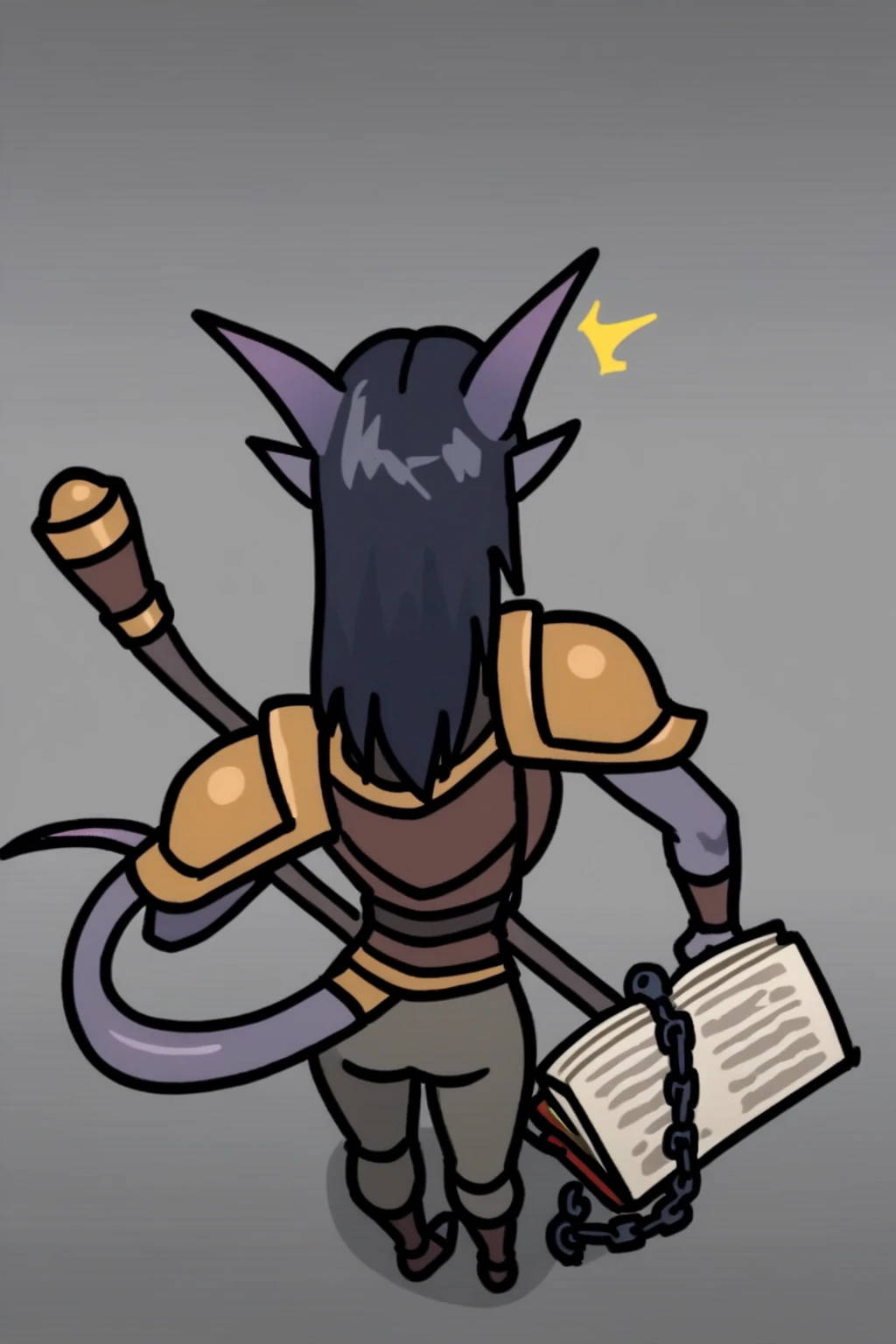 ((1Tiefling with a thick dragon tail in fantasy armor with chain mail and pants)), ((dark blue-grey skin body))  Curious  (a book and a twisted staff in his hand) (( is half-turned ,   view from above  ,  looks from behind with its back with its back, you can see a surprised face ,  mouth open in surprise)) , in armor with tail protection,  epic fantasy style  ,   terminal installation ,   A tiefling,  dot eyes, smiles, anime art,   fine art  .