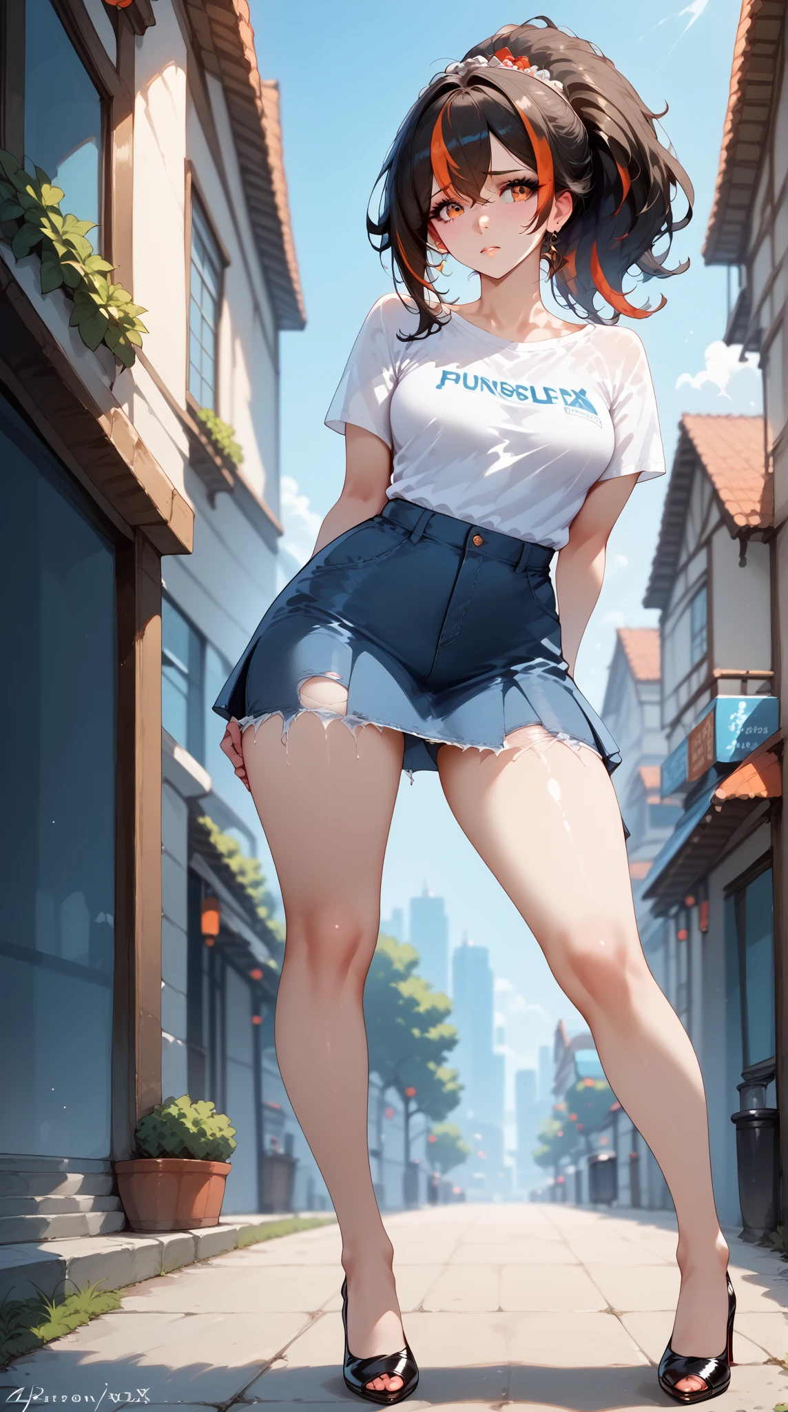 Masterpiece, extremely detailed, high quality,4k,solo,1girl,fullbody,((tall and slim body)),zhuyuan,medium breasts, long legs,ponytail streaked hair,beauty eyes,((worried)),arms behind back,looking at viewers,white tshirt,ripped  skirt,high heels,front look, foward facing pose