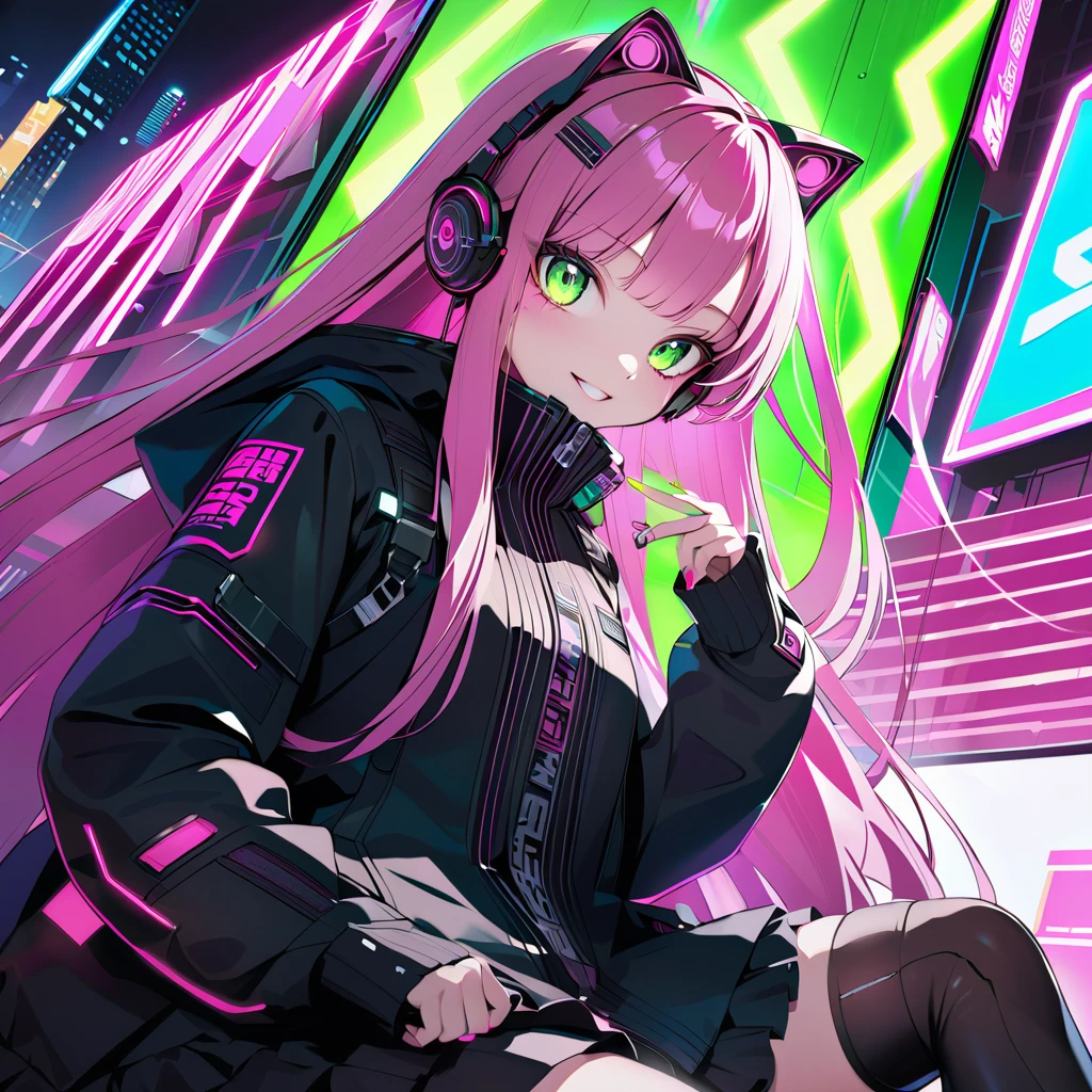 FHD, Full-HD, 4K, 8K, 16K, highres, absurdres,(masterpiece), best quality,1 android girl,solo,14yo,expressive eyes, perfect face,cyberpunk,brown eyes,long hair,straight hair,pink hair,cat ear headphones,(cyberpunk,lolita fashion:1.2),thigh high boots,fullbody,Dynamic Pose,grin,chestnut mouth,Green neon lights,through from Electronic Billboard,in the air