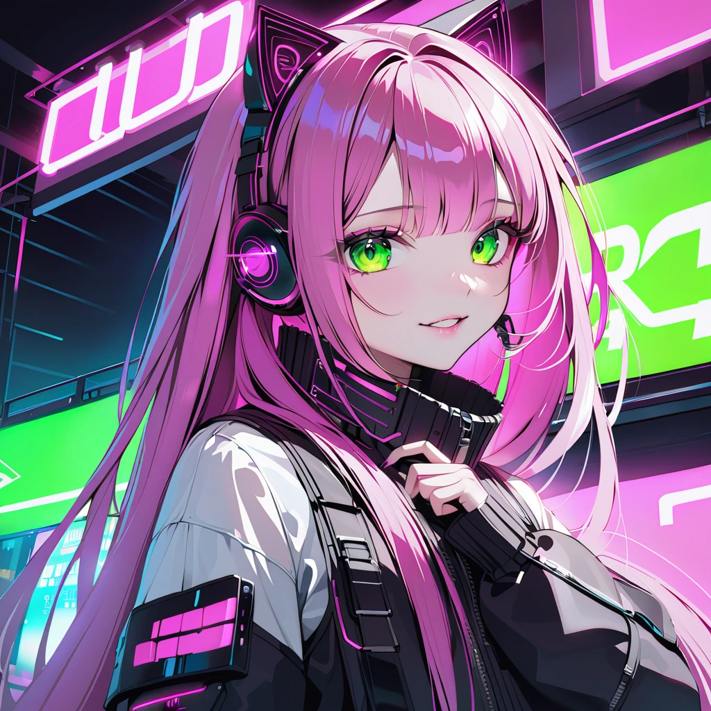 FHD, Full-HD, 4K, 8K, 16K, highres, absurdres,(masterpiece), best quality,1 android girl,solo,14yo,expressive eyes, perfect face,cyberpunk,brown eyes,long hair,straight hair,pink hair,cat ear headphones,(cyberpunk,lolita fashion:1.2),thigh high boots,fullbody,Dynamic Pose,grin,chestnut mouth,Green neon lights,through from Electronic Billboard,in the air