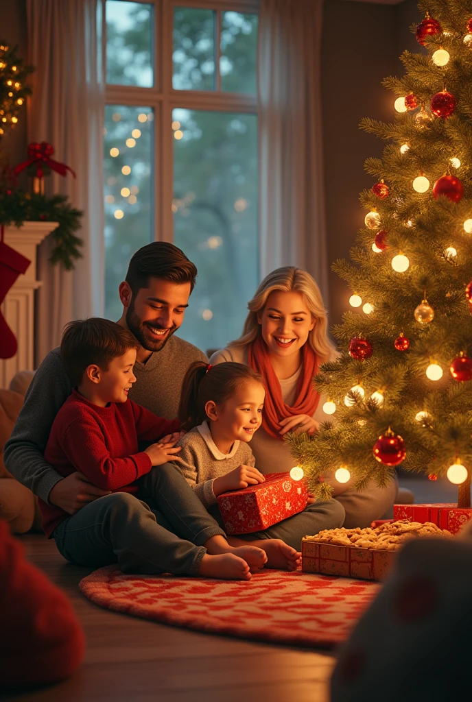 Smiling family with child and Christmas tree in living room, by Hristofor Zhefarovich, holiday season, Christmas, husband, wife and son;, Happy family, holiday, family photo, Eugene Zak, by Aleksander Gierymski, christmas night, Shutterstock, Portrait of a family of three, true realistic image, husband gives his beloved wife and son gifts for Christmas, Europeans, Smile, one tree with gifts, strictly one fireplace ((Best Quality)), ((Masterpiece)), (Detailed), a perfect face, foto realista, Ultra-detailed, realistic natural natural hands, fingers and toes straight, human, There are strictly five fingers on each hand, HDR, studio lightning, Professional, sharp-focus, physical based rendering, bright colours, portrai