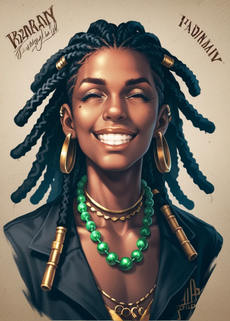 there is a man with dreadlocks standing in a field, taken in the early 2020s, long dreadlocks with  green beads, a black man with long curly hair, album art, earing a shirt laughing, brown skin man with a giant grin, papa legba, long dreadlocks, dreads, dreadlock breed hair, the man  has black skin, full body  in shot, full body view, detailed background 