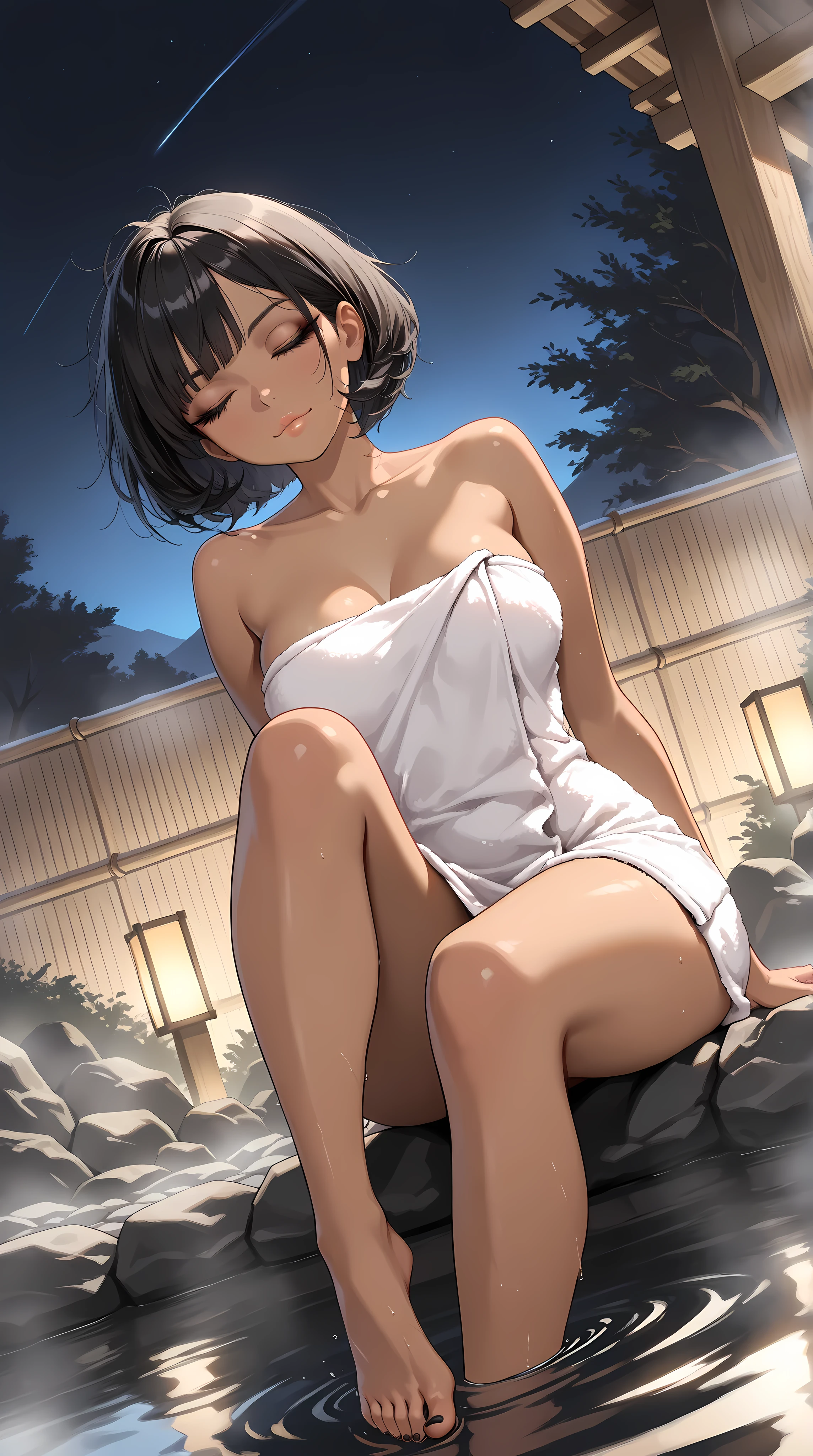 8k, (masterpiece), best quality, perfect face,perfect body, 1 woman, 1female, solo,detailed skin, tan skin, 1girl, solo, black hair, bangs,curvy, brown eyes, closed eyes, black hair, bob cut, curly hair, messy hair, side bangs, medium breasts, closed eyes, dark-skinned female, dark skin,  badass, beautiful face, black eyeliner, lips, (bare-foot), black toes nailed, dynamic angle ,toes nailed, long eyelashes, bare legs, collarbone, , (highest quality:1.2, Very detailed, Latest, Vibrant, Ultra-high resolution, High Contrast, masterpiece:1.2, highest quality, Best aesthetics), thermal water, pull, towel, chest hide by towel, Pretty girl、Entering the open-air bath、hot onsen, water vapour, Night, epic composition, Realistic lighting, HD details,