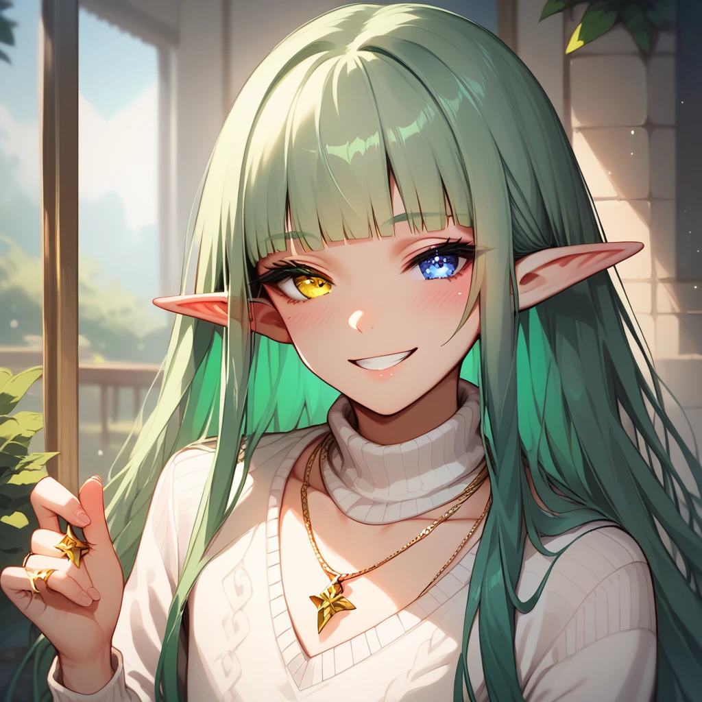 1boy, Solo, Looking At Viewer, Long Pointy Ears, Elf Ears, Long Hair, Hime Cut, Green Hair, Heterochromia, Gold Eye, Pale Blue Eye, Petite, Smile, Blush, Green trutleneck crop top, jeans, Golden Necklaces, Rings, College, Sweater