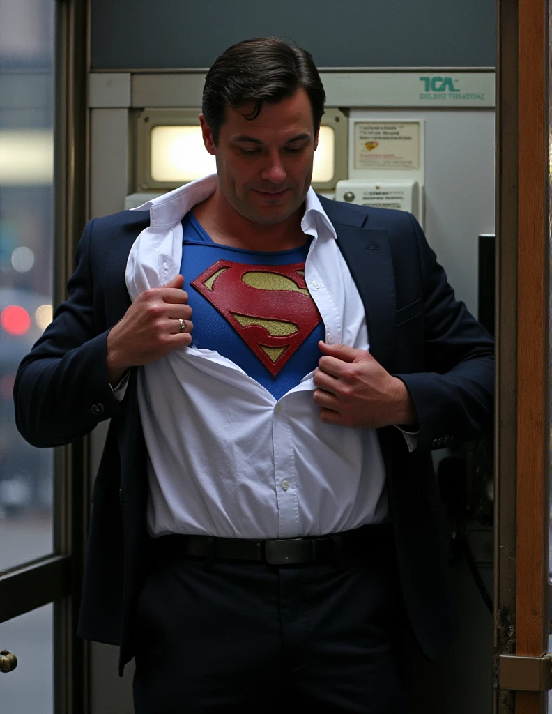 In a chaotic street scene, a reporter known as Clark Kent ,a 30-year-old a buff man in a superhero costume, attractive, a suit with muscular,, black dress pants (tearing his white business shirt:1.2) with both hands, taking off an unbuttoned white shirt, showing the blue Superman suit under his (torn at breast clothes:1.2), in a US telephone booth, patriotic smile, 16k,UHD, dslr, insane details, award-winning photo, 