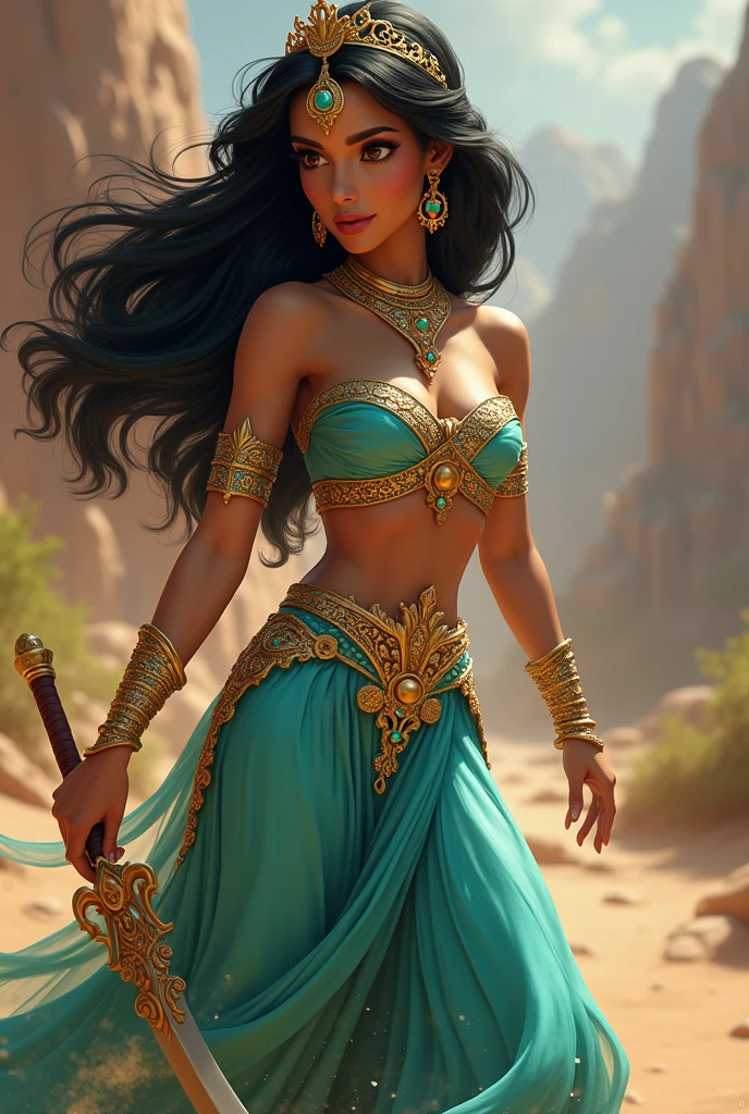 cowboy shot, Princess Jasmine, 1980s \(style\), 1girl, long teal dress, dark skin, long brown hair, retro artstyle, short hair, solo, Teal bra and panties, unbutton_shirt, (medium_breasts:1.2), medium_breasts, cleavage, full body shot, model pose, shoes visible, ass view, face view, Disney, crown, Jasmine Character, Princess, mini skirt, detailed face