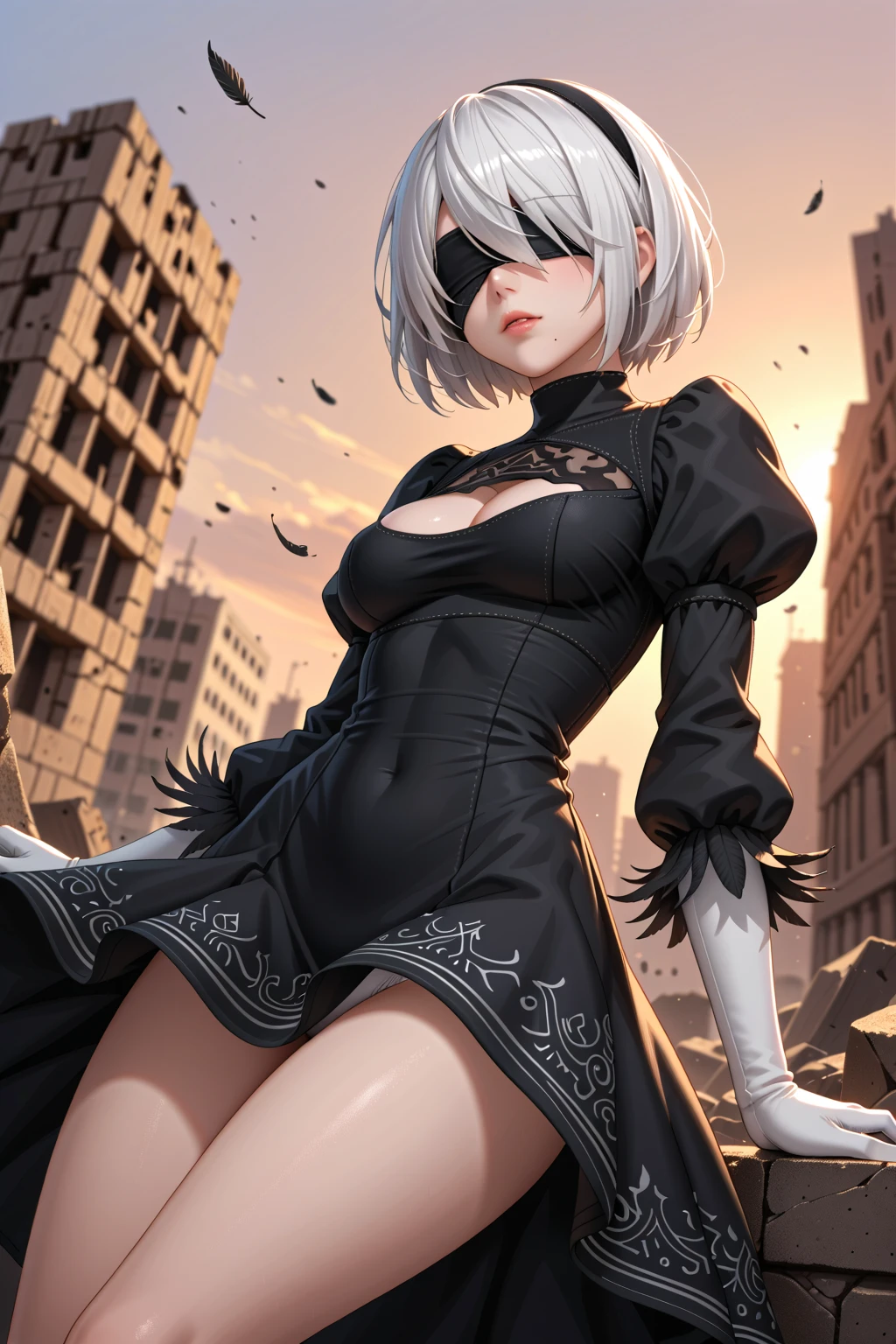 score_9, score_8_up, score_7_up, Anime Style, Portrait, yorha no. 2 type b, short white hair, black dress, hairband, black blindfold, covered eyes, clothing cutout, cleavage cutout, puffy sleeves, black hairband, feather-trimmed sleeves, juliet sleeves, mole under mouth, thighs, from below, white beautiful detailed underwear, sunset, rubble in the background, depth of field, dynamic angle, fashion photography, sharp, (hyperdetailed:1.15)