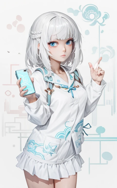  Japanese Cartoons girl with white hair and blue eyes holding a cell phone,  fleet collection style ,  On pixiv , White cyan, White hair deity,  Japanese Cartoons style 4K, White hair,  Use your index finger , best  Japanese Cartoons 4K konachan wallpaper, pixiv style,  Japanese Cartoons! 4K,  Japanese Cartoons! 4K,  Japanese Cartoons girl, perfect White hair girl 手机 巨乳 巨乳