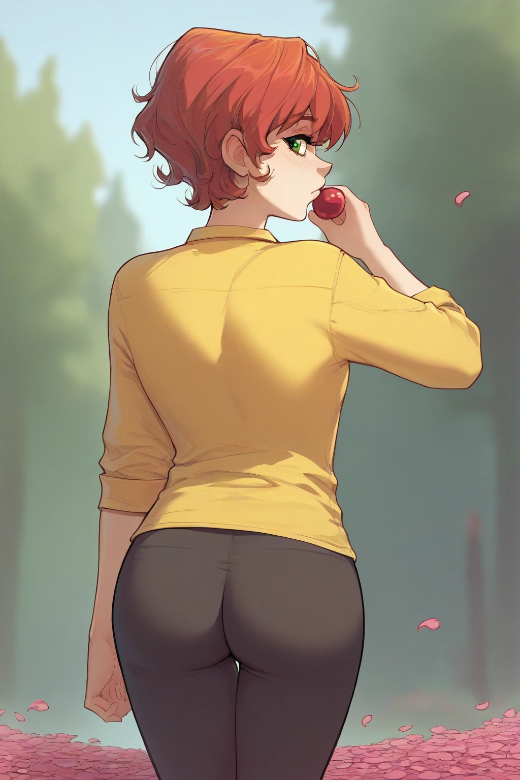 source_anime, score_9, score_8_,  a girl nSpenny Stardew,  green eyes ,  short hair,  red hair , toys,  curly hair, from behind,  black leggings , short yellow shirt V-neck , looking back, spring, cherry petals ,  outdoor your butt stands out on clothes, PERKY ASS , , steep farts,((sexy))