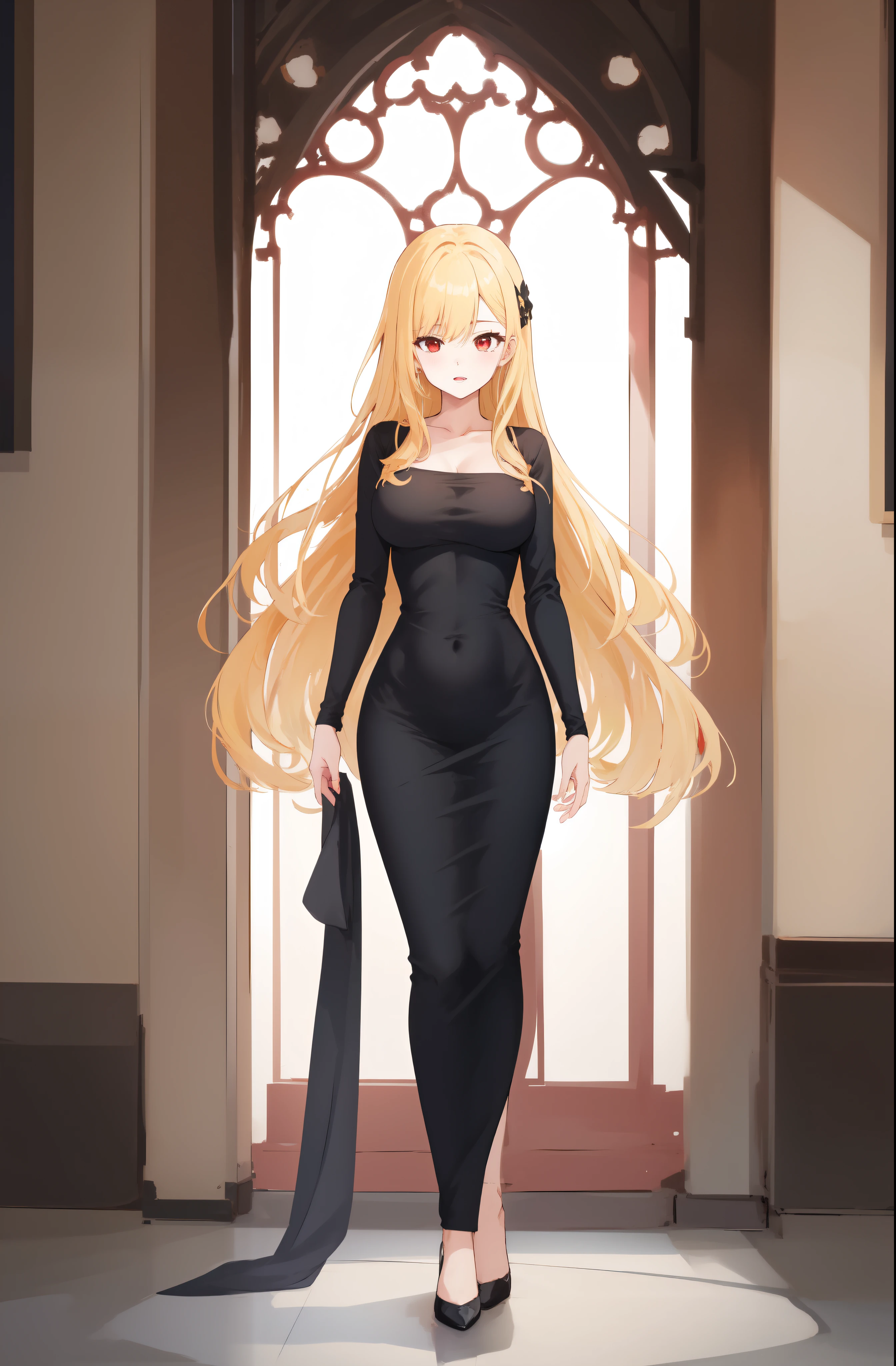 masterpiece, dress, black dress, Black dress, Black Dress, dongtan dress, Dongtan dress, Dongtan Dress, black dongtan dress, Black dongtan dress, Black Dongtan Dress, highres, Super detailed, very detailed, highest quality, best quality, super detailed, standing, high quality, high-definition, extremely detailed, mature female, full body drawing, Full body drawing, straight body, slender body, Slender body, Slender Body, (large breasts), (masterpiece), (best quality), (hyperdetail), (illustration), ((extremely delicate and beautiful)), (detailed light), (prefect's body), hanging hand over head, {{{{{long hair, Long hair, Blonde hair, blonde hair, blonde, Blonde, Red eye, red eye, Red Eye, binyeo, Binyeo}}}}}, sexy, sexy belly line