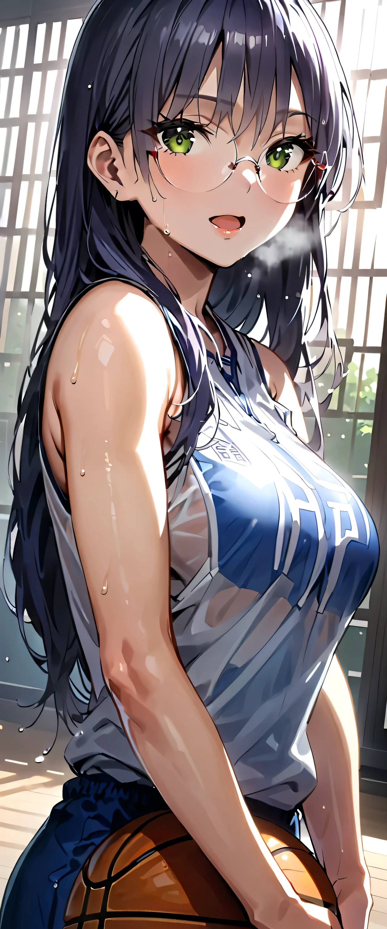 1womanl,Black hair,14years,(((White and blue shiny gym uniform and micro skirt)))(())(((Blushing cheeks、Smile with open mouth)),(((Nariko Saten))),((( portlate))),Crowds,and micro skirt,Wet with sweat(((Sexy Bra)))(eye glasses)