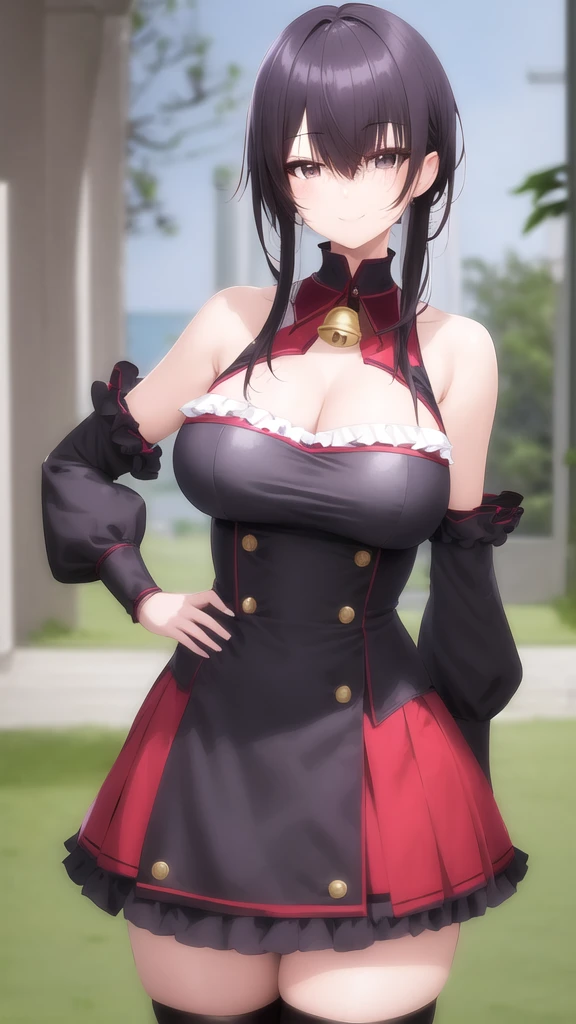 masterpiece, best quality, girl, solo, looking at viewer, amane_fujimiya, large breasts, bell, bare shoulders, cleavage cutout, frills, black dress, detached sleeves, red sleeves, long sleeves, white thighhighs, standing, outdoors, hand on hip, smile, cowboy shot,