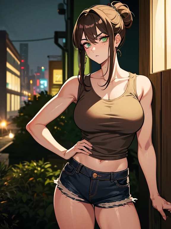 -anime style- -masterpiece- -high quality- -zombies- A woman with dark brown hair, freckles, green eyes, hair up, wearing a white sleeveless t-shirt, short ripped jeans, serious expression. Close-up of her passing a broken building full of vegetation, at night.
