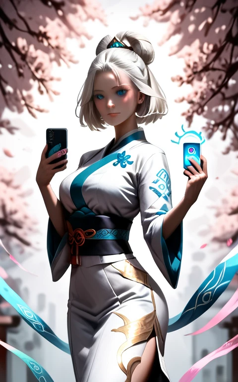  Japanese Cartoons girl with white hair and blue eyes holding a cell phone,  fleet collection style ,  On pixiv , White cyan, White hair deity,  Japanese Cartoons style 4K, White hair,  Use your index finger , best  Japanese Cartoons 4K konachan wallpaper, pixiv style,  Japanese Cartoons! 4K,  Japanese Cartoons! 4K,  Japanese Cartoons girl, perfect White hair girl 手机 巨乳 巨乳