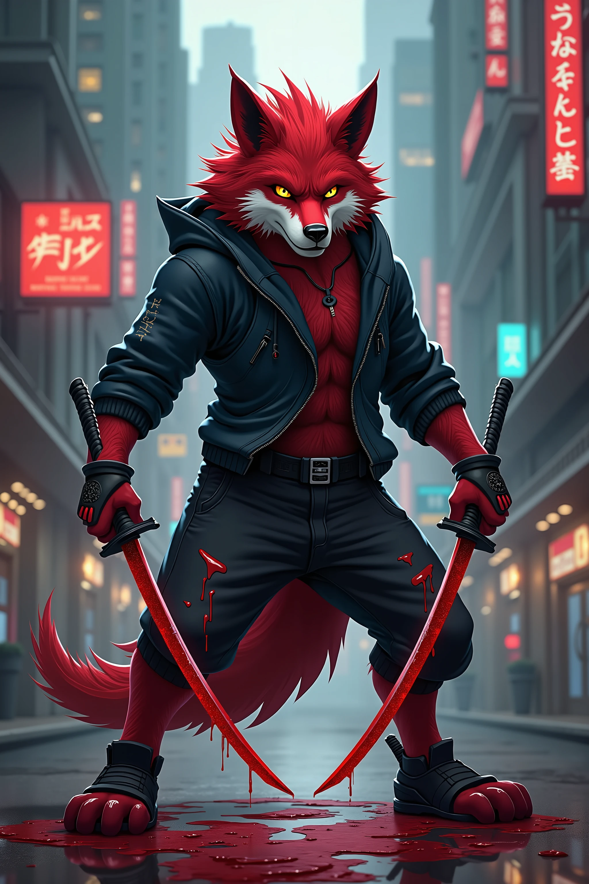 there is a wolf in a hoodie standing in front of a city, cyberpunk art inspired by Andreas Rocha, trending on cgsociety, furry art, an anthropomorphic cyberpunk fox, stylized urban fantasy artwork, furry wolf, anthropomorphic wolf, furry digital art, profile picture 1024px, furry character portrait, an anthropomorphic wolf, wolf color is rich red, the wolf has 2 katanas, there is one katana in each hand, both katanas have red blood dripping of off them, there is a puddle of blood on the city street, the wolf is angry, portrait style photo, hd, 4k