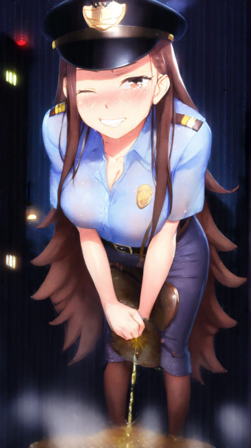 Japanese beauty naked,Police Belt,Watch on wrist,Drunk,Embarrassed by the hiccups、Standing in front of a white wall,Above the knee shot,Long Hair,Low - Angle