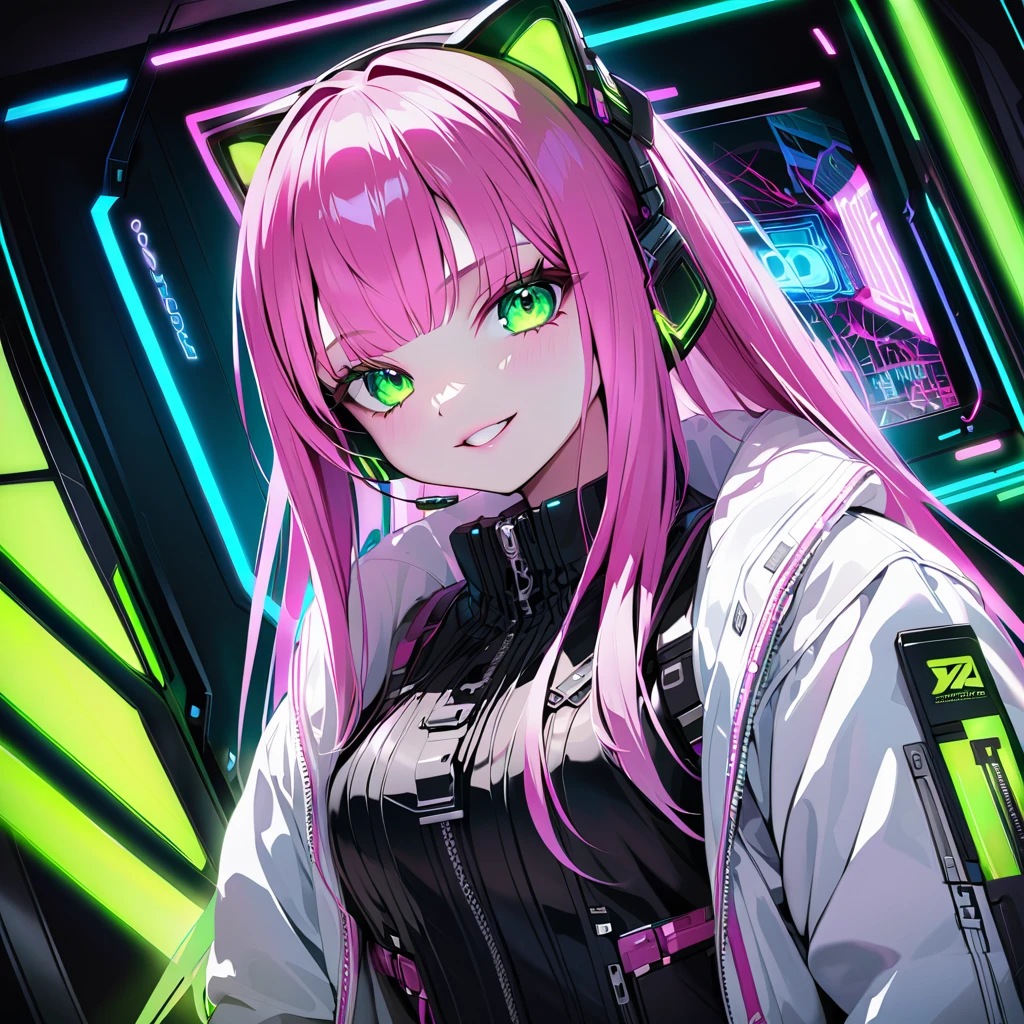 FHD, Full-HD, 4K, 8K, 16K, highres, absurdres,(masterpiece), best quality,1 android girl,solo,14yo,expressive eyes, perfect face,cyberpunk,brown eyes,long hair,straight hair,pink hair,cat ear headphones,(cyberpunk,lolita fashion:1.2),thigh high boots,through screen,grin,chestnut mouth,Green neon lights,indoors Cyberpunk Theater