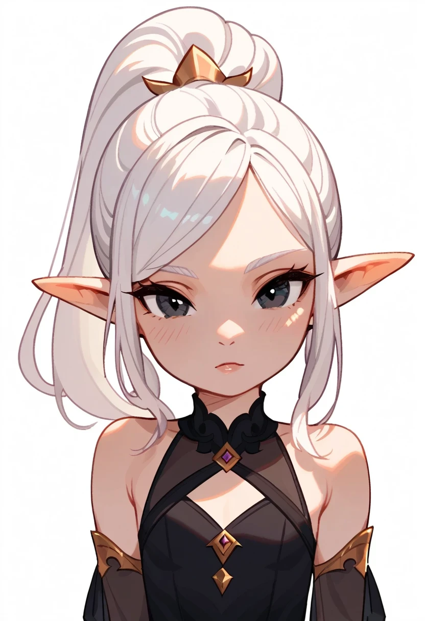 score_9, score_8_up, score_7_up, score_6_up, score_5_up, score_4_up, show accurate, (((upper body))), (solo), white background, (female, younger elf, big horns), medium white hair, ponytail, black eyes, flat chest, black dress, white arm warmers,