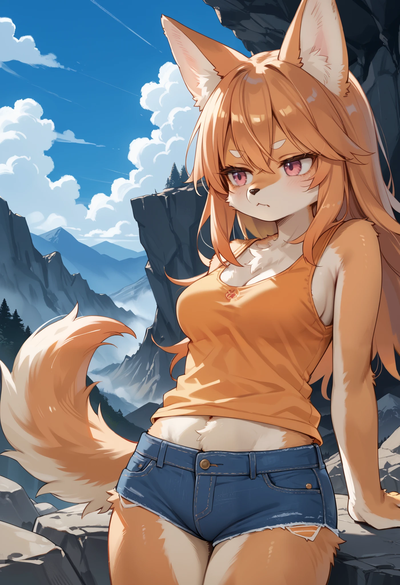 score_9, score_8_up, score_7_up, source_anime, kemono, 1girl, solo, furry dog girl BREAK 

Dog ears and tail, (furry, kemono), orange hair BREAK bangs, pink eyes BREAK long hair, (orange fur skin), medium breasts BREAK 

White tank top, denim shorts BREAK 

Closed mouth, bored face, looking away, standing, cave interior, mountains, blue sky, cloudy sky, rocks BREAK  