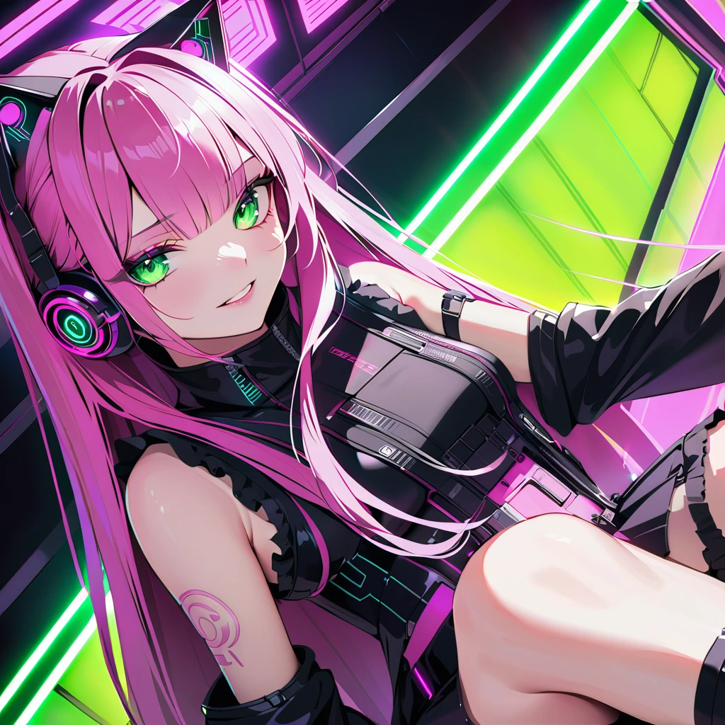 FHD, Full-HD, 4K, 8K, 16K, highres, absurdres,(masterpiece), best quality,1 android girl,solo,14yo,expressive eyes, perfect face,cyberpunk,brown eyes,long hair,straight hair,pink hair,cat ear headphones,(cyberpunk,lolita fashion:1.2),thigh high boots,through screen,grin,chestnut mouth,Green neon lights,indoors Cyberpunk Theater