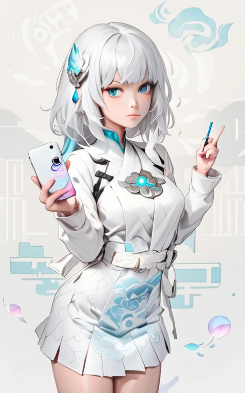  Japanese Cartoons girl with white hair and blue eyes holding a cell phone,  fleet collection style ,  On pixiv , White cyan, White hair deity,  Japanese Cartoons style 4K, White hair,  Use your index finger , best  Japanese Cartoons 4K konachan wallpaper, pixiv style,  Japanese Cartoons! 4K,  Japanese Cartoons! 4K,  Japanese Cartoons girl, perfect White hair girl 手机 巨乳 巨乳