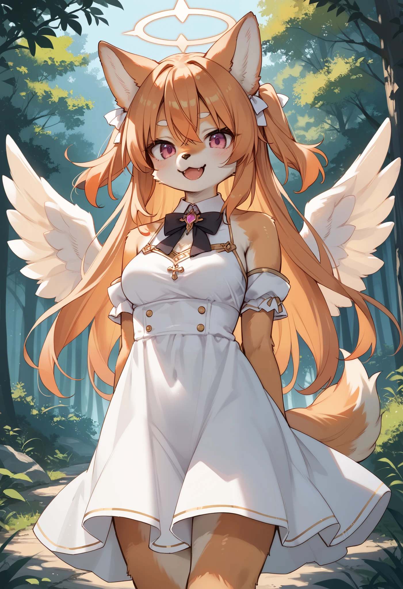 score_9, score_8_up, score_7_up, source_anime, kemono, 1girl, solo, furry dog girl BREAK 

Dog ears and tail, (furry, kemono), orange hair BREAK bangs, pink eyes BREAK long hair, (orange fur skin), medium breasts BREAK 

White dress, angel, feathered wings, white wings, halo BREAK 

Open mouth, smile, looking at viewer, standing, outdoors, forest, daytime BREAK  