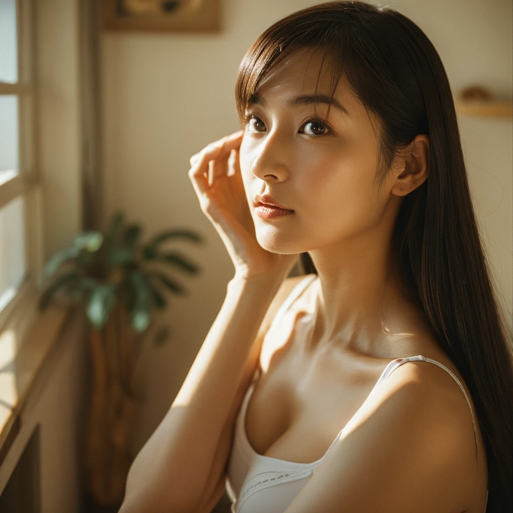 Best quality, masterpiece, super high resolution, (realistic: 1.4), original photo, wallpaper, head photo, skin, simple background, black eyes, detail, selfie, 1 girl, 18 years old, breeze, sunshine, kitchen, fruit