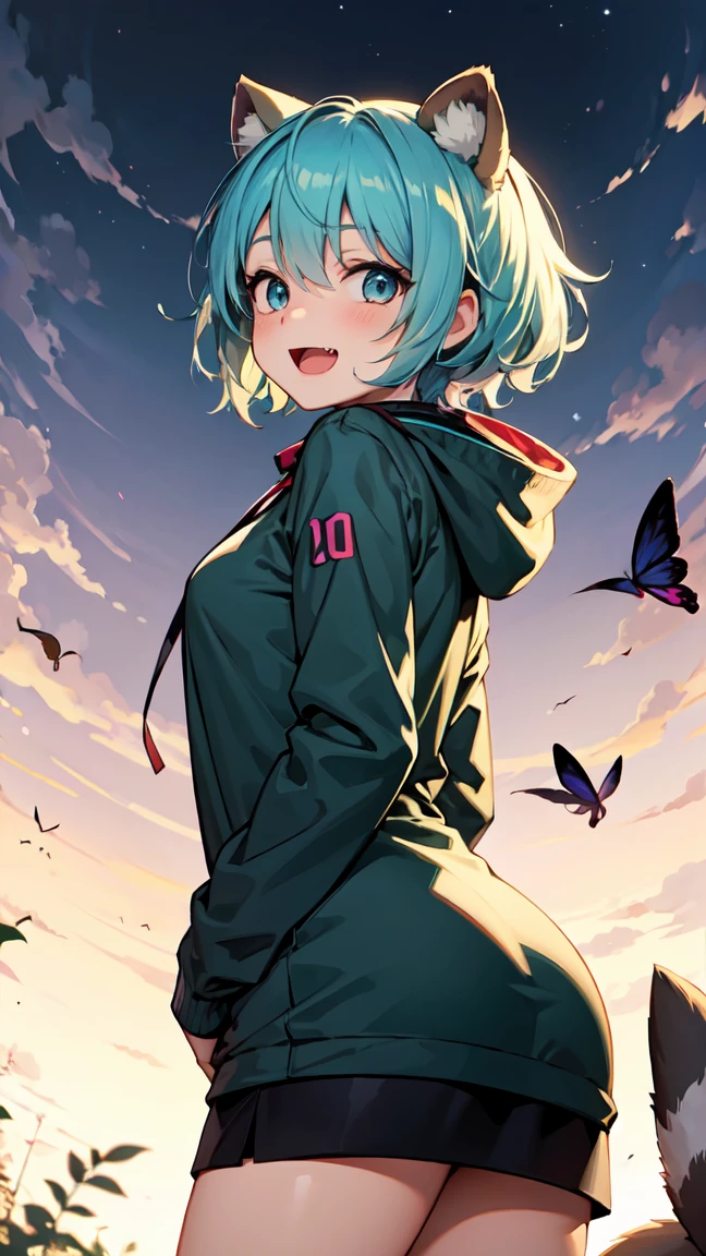 from below, a cute anime character with raccoon ears on her sweatshirt, Hatsune Miku, 1girl, solo, hood, night park, electric light, bug, flies, large anime eyes, looking at viewer, smile, short hair, messy hair, open mouth, bangs, fang, raccoon costume, luminous atmosphere, serene transparency, soft illumination, innocent expression, youthful appearance, dynamic background