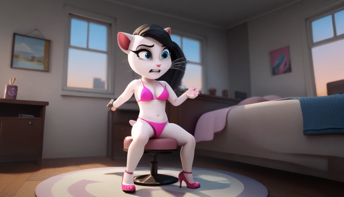 solo focus, a_la, 1girl, cat, white fur, long whiskers on both sides of her face, big bright blue eyes, big black eyelashes, pink nose, triangular ears with pink channels, high heels, Wear a bikini, black Hair, Long hair, Cute Hair, 1 girl and 1 boy human. back view. She is happy and excited.
The man is sitting on the chair. Woman sits on man
vaginal screaming, lying, at home, looking back, FOCUS SIDE VIEW, big penis, 1 male rape, girl . Score_9, Score_8_up, Score_7_
