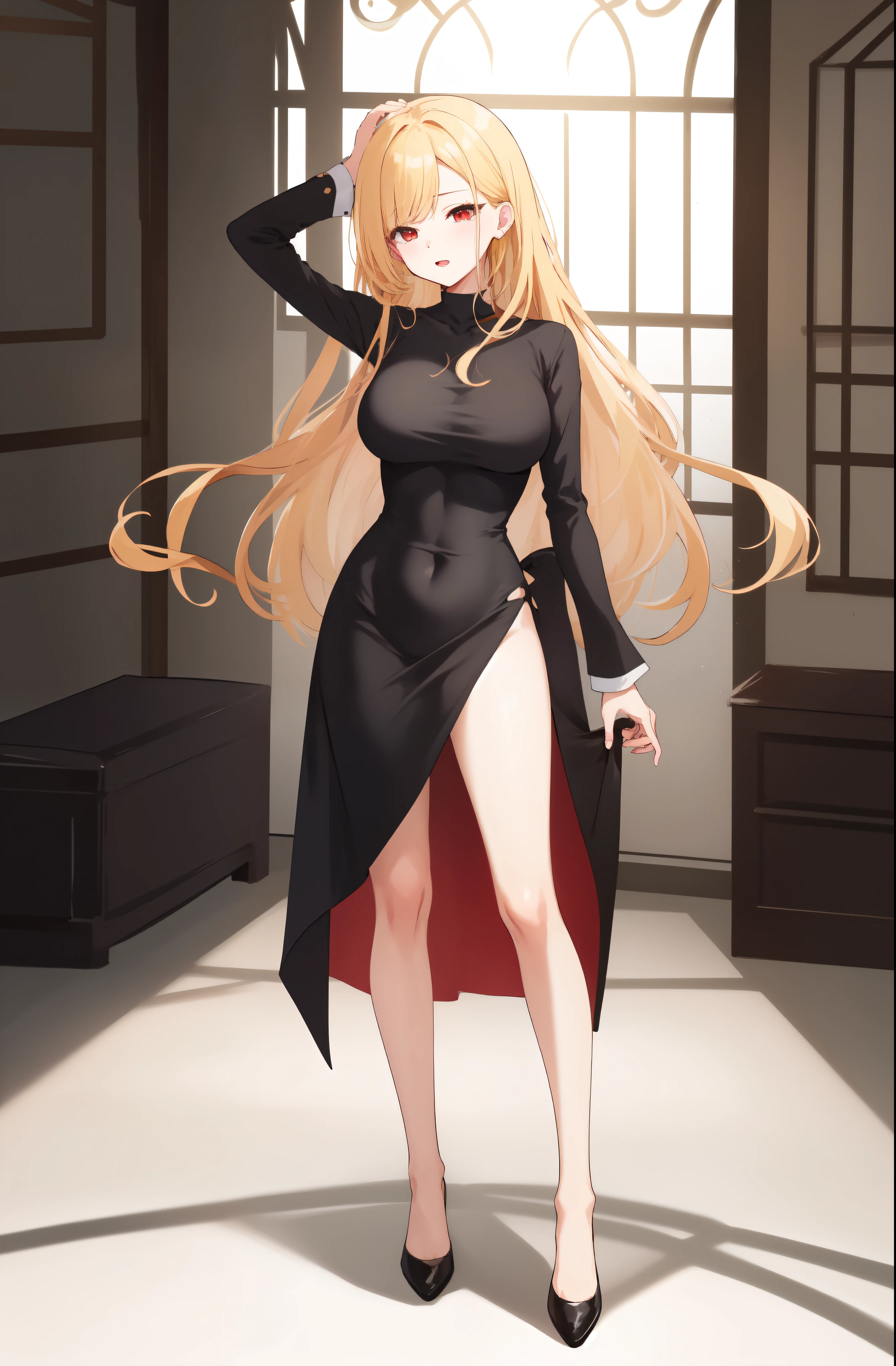 masterpiece, dress, black dress, Black dress, Black Dress, dongtan dress, Dongtan dress, Dongtan Dress, black dongtan dress, Black dongtan dress, Black Dongtan Dress, highres, Super detailed, very detailed, highest quality, best quality, super detailed, standing, high quality, high-definition, extremely detailed, mature female, full body drawing, Full body drawing, straight body, slender body, Slender body, Slender Body, (large breasts), (masterpiece), (best quality), (hyperdetail), (illustration), ((extremely delicate and beautiful)), (detailed light), (prefect's body), hanging hand over head, {{{{{long hair, Long hair, Blonde hair, blonde hair, blonde, Blonde, Red eye, red eye, Red Eye, binyeo, Binyeo}}}}}, sexy, sexy belly line
