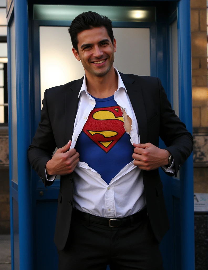 In a chaotic street scene, a reporter known as Clark Kent ,a 30-year-old a buff man in a superhero costume, black undercut ,attractive, a suit with muscular,, black dress pants (tearing his white business shirt:1.2) with both hands, taking off an unbuttoned white shirt, showing the blue Superman suit under his (torn at breast clothes:1.2), in a US telephone booth, patriotic smile, 16k,UHD, dslr, insane details, award-winning photo,