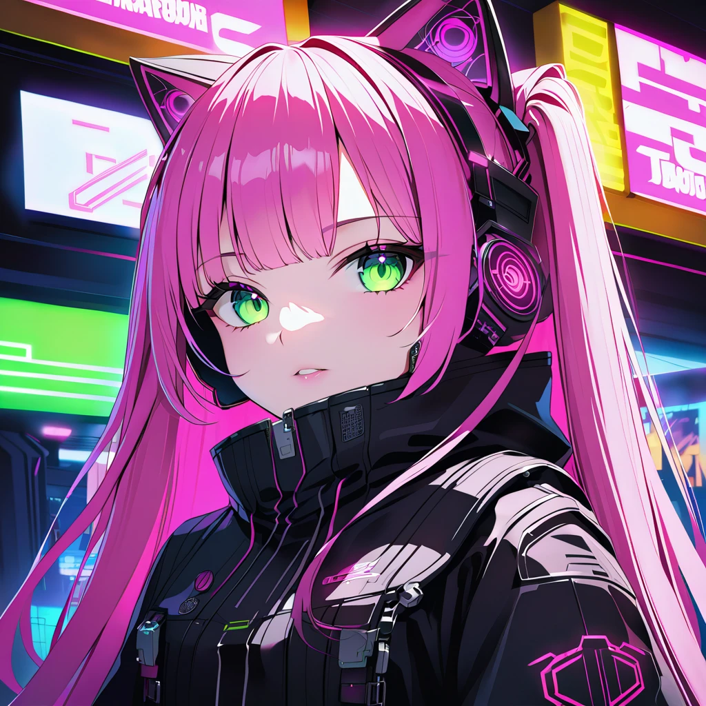 FHD, Full-HD, 4K, 8K, 16K, highres, absurdres,(masterpiece), best quality,1 android girl,solo,14yo,expressive eyes, perfect face,cyberpunk,brown eyes,long hair,straight hair,pink hair,cat ear headphones,(cyberpunk,lolita fashion:1.2),thigh high boots,(through Electronic Billboard:1.4),seductive smile,Green neon lights,indoors Cyberpunk Theater