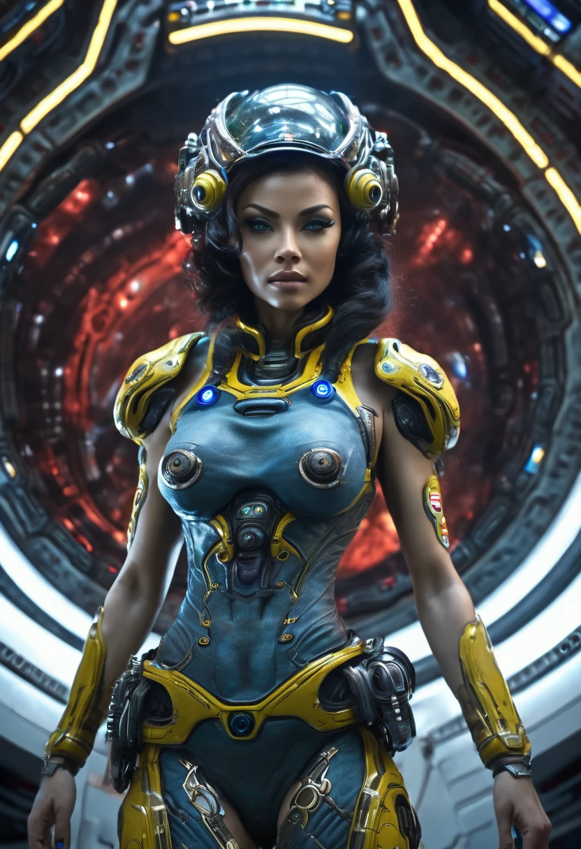 (naytiri de avatar), piel azulada vibrante, pelo negro largo enrizado, considerada como una de las razas mas bellas de la galaxia, con una cara, ojos verdes y labios sensuales, con vestido de noche , con incrustaciones de plata, piedras preciosas y diamantes, (se encuentra en centro de control de estacion espacial). hiperrealista, imagen nitida, 8k. imagen cinematografica., todo lleno de imaginacion,ciencia ficcion y (intrincados detalles de la maquina).imagen fotorrealista,nitidez maxima, calidad 8k.(obra maestra de calidad superior).