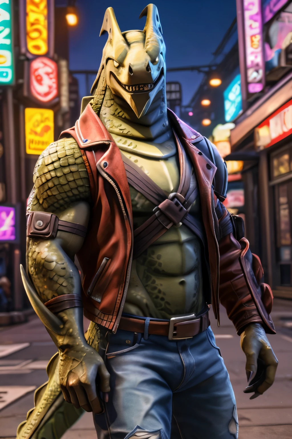 hybrid (Fortnite), dragon, lizard, reptile, scales, Scales, safe,  Abdominals , the second,  open leather jacket, claws, Clothes, jeans, male, muscle shirt, plant, Alone, , street, akihabara, Neon lights BREAK,
by bruteandbrawn, by personal, por kenket, (intricate, high detail, Film Photography, soft focus, Sincere RAW Cinema,
photorealism, realistic, photorealistic, analog style, subsurface dispersion,
 masterpiece,  better quality , anime, 8K)