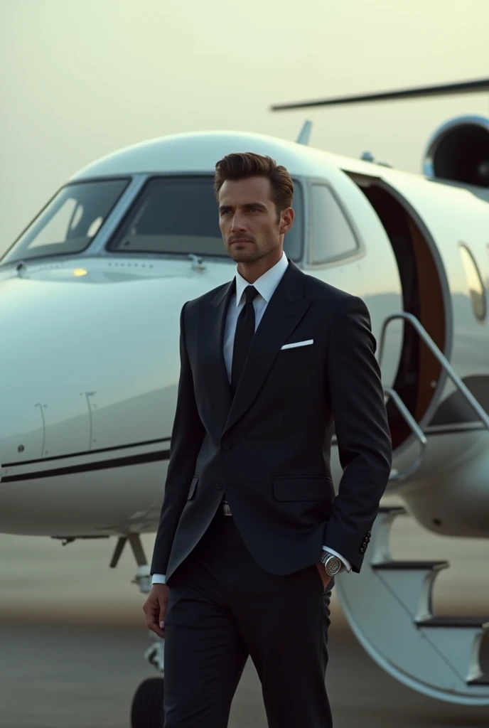 The image is of Patrick sitting in a private jet, with a champagne glass in hand and a cold, calculating look on his face.,American Psycho,Patrick is a tall, tan, muscular man with slicked back brown hair, and an expensive suit. Looks like Christian Bale