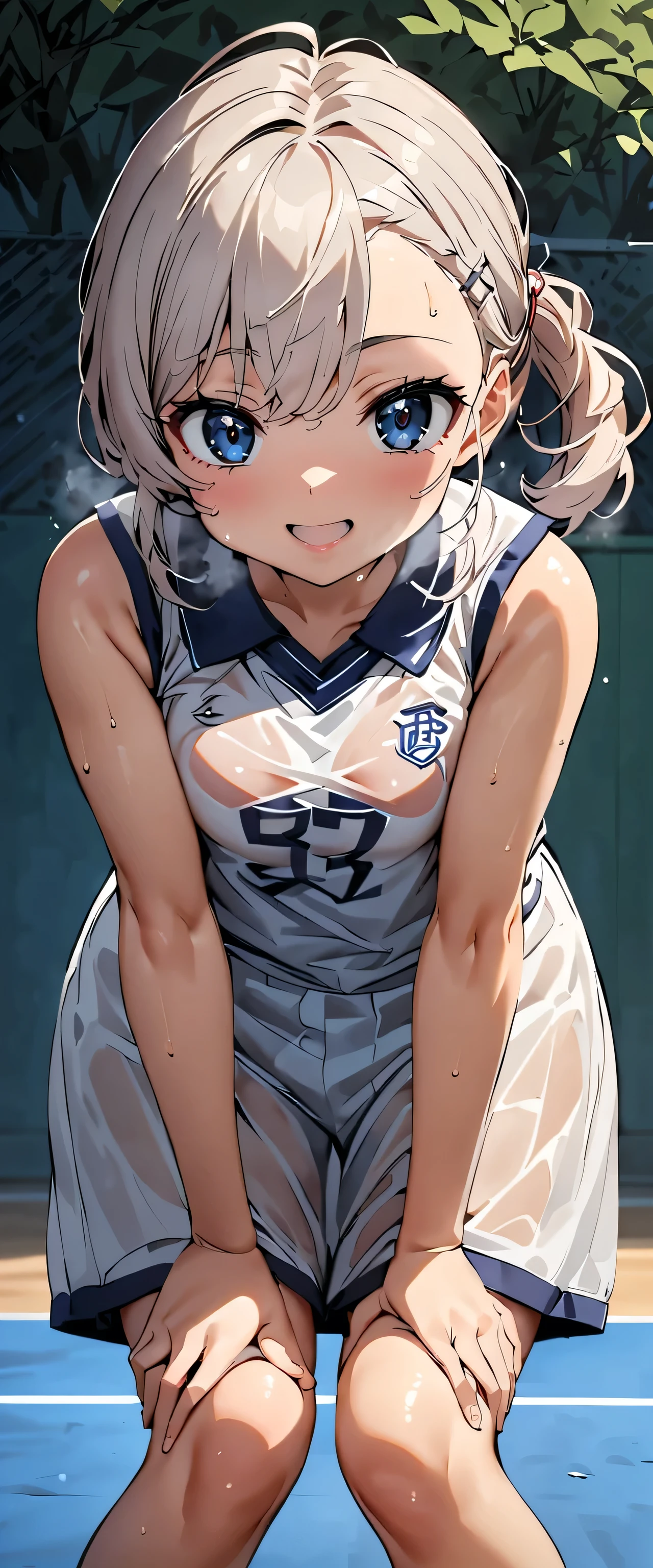 a close up of a person wearing a basketball uniform, a picture, inspired by Kentaro Miura, trending on pixiv, Gold Ship, Uma Musume, white hair, long hair, wearing yellow nba jersey, yellow croptop nba jersey, wearing a low cut croptop, wearing croptop, croptop, written "Lakers" on the croptop, golden raito, (winking), shirobako, large)}], favorite scene, fine details. anime. skins, sweating, big breasts, both hands raised, armpits, armpits visible, dripping with sweat, more more sweat, sweaty armpits, seductive smile