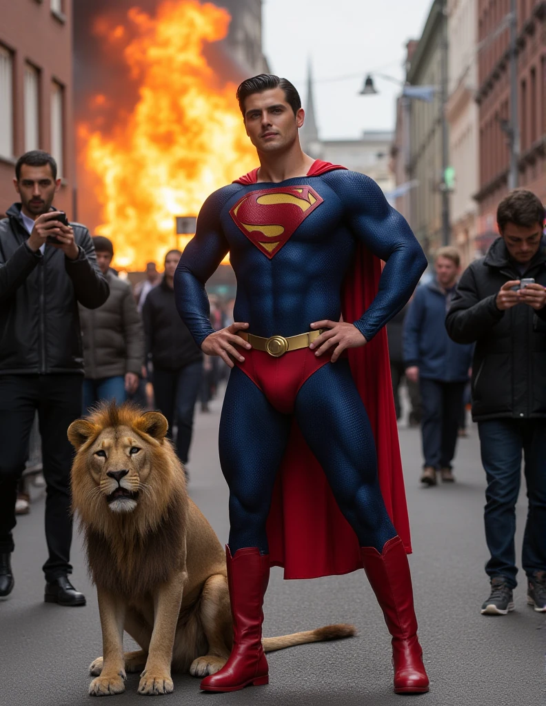 In a chaotic street scene, a buff man in a superman costume (think movie version of Superman-black undercut, blue tights and red cape and red boots and red briefs) holds a small, He stood in the street with his hands on his waist .Behind him, thereâs a burning building, but no one seems concernedâpeople are just walking past, taking selfies with the flames in the background. A lion sits next to Superman, full body photo